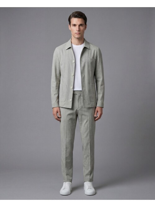 Açık Yeşil Gömlek Yaka Düğmeli Torba Cepli Takım