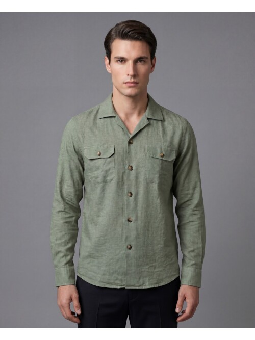 Açık Yeşil Keten Kapaklı Cep Regular Fit Uzun Kollu Gömlek