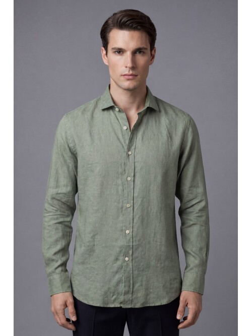 Açık Yeşil Premium Keten Regular Fit Uzun Kollu Gömlek