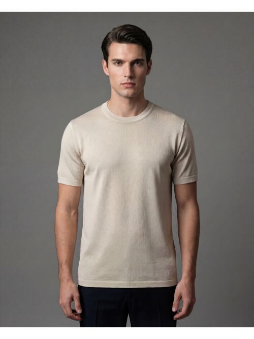 Beige Crew Neck Short Sleeve Knit