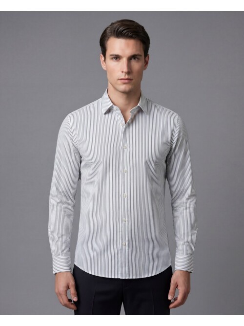 Bej Çizgili Regular Fit Uzun Kollu Gömlek