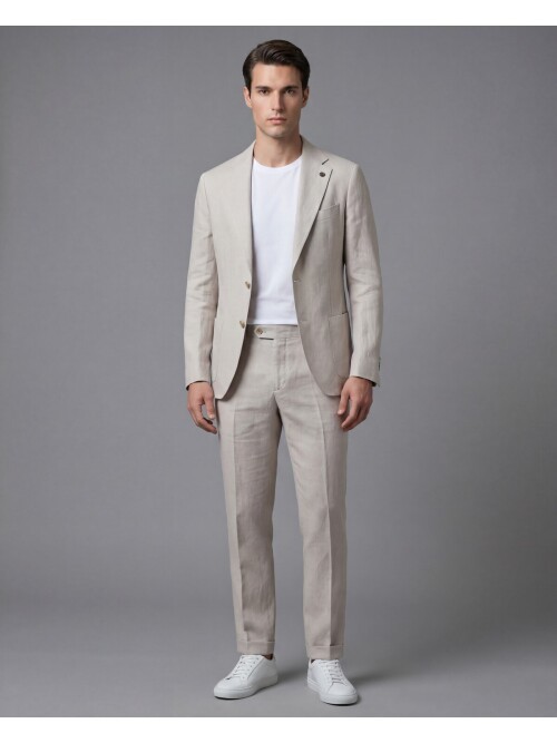 Bej Comfort Fit Mono Yaka Torba Cep Takım Elbise