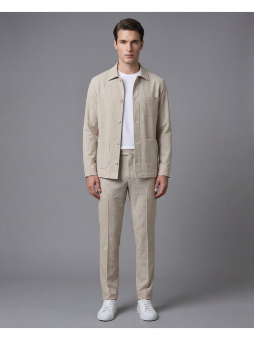 Bej Gömlek Yaka Düğmeli Torba Cepli Takım