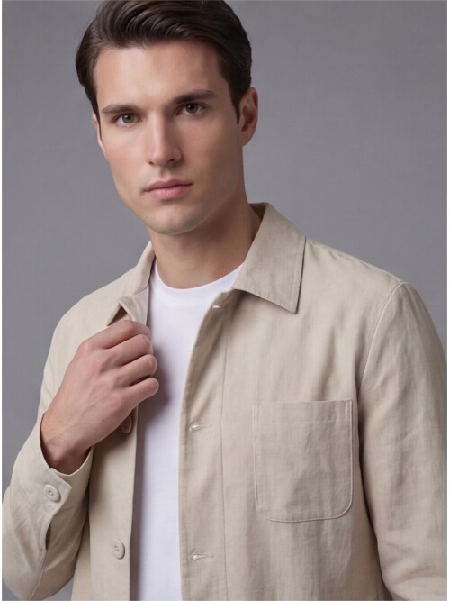 Bej Gömlek Yaka Düğmeli Torba Cepli Takım