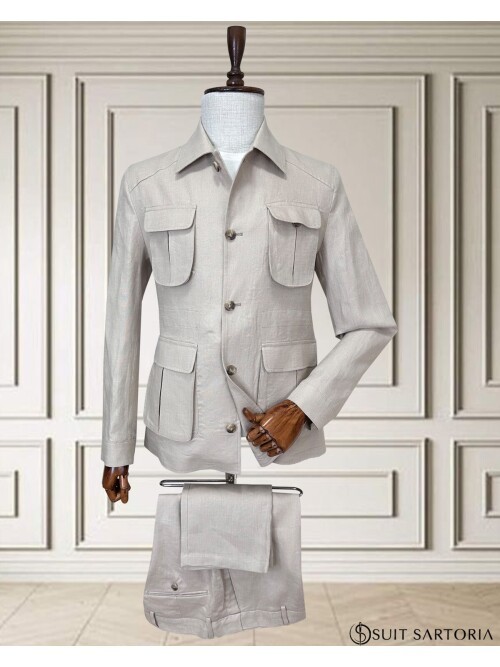 Bej Keten Safari Model Dört Cepli Takım Elbise