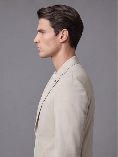 Bej Mono Yaka İki Düğmeli Takım Elbise