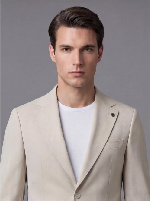 Bej Mono Yaka İki Düğmeli Takım Elbise