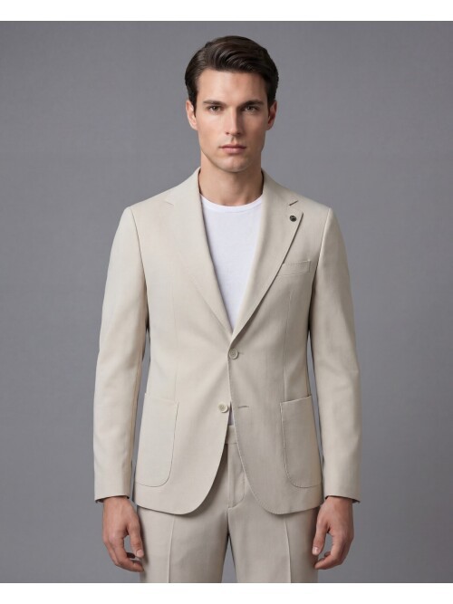 Bej Mono Yaka İki Düğmeli Takım Elbise