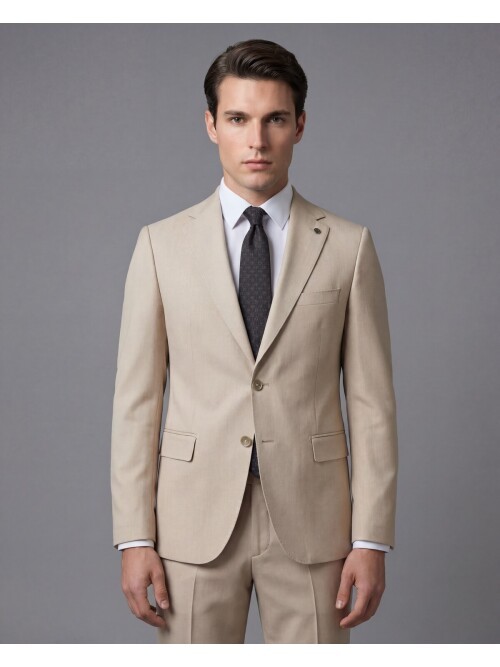 Bej Mono Yaka İki Düğmeli Takım Elbise