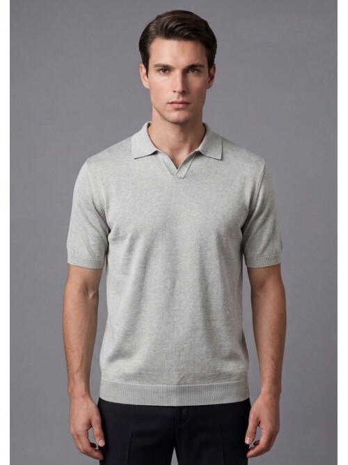 Beige Patterned Short Sleeve Knit Polo Shirt