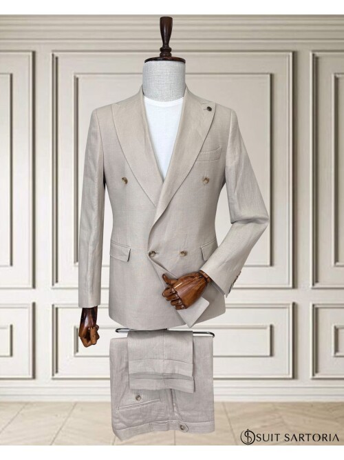 Bej Sivri Yaka 4 Düğme Keten Takım Elbise