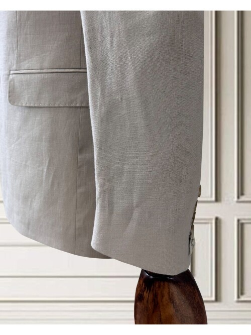 Bej Sivri Yaka 4 Düğme Keten Takım Elbise