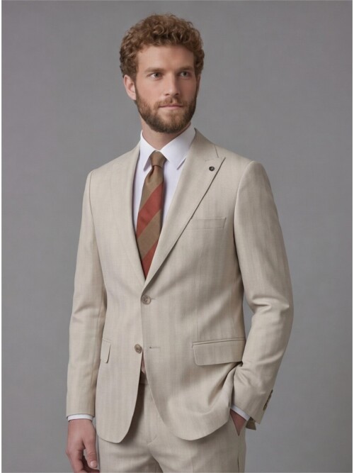 Beige Peak Lapel Comfort Fit Fully Lined Suit