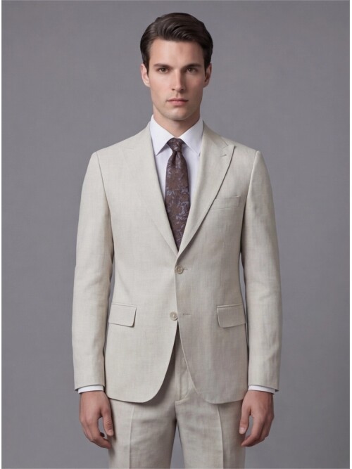 Bej Sivri Yaka İki Düğmeli Slim Fit Takım Elbise