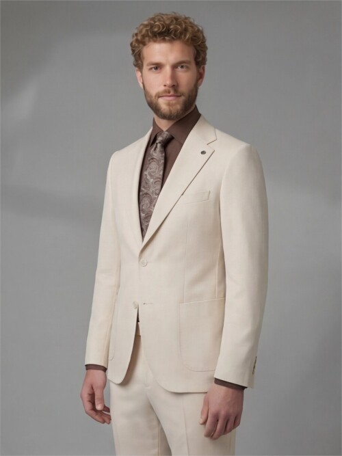 Beige Slim Fit Notch Lapel Suit with Patch Pockets
