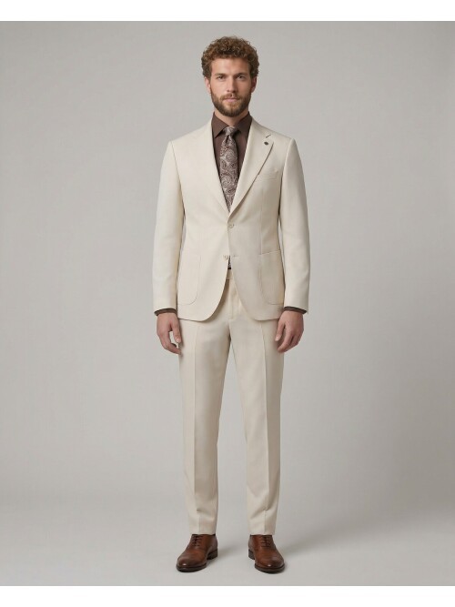 Beige Slim Fit Notch Lapel Suit with Patch Pockets
