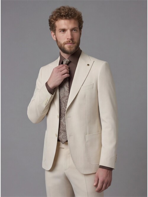Beige Slim Fit Peak Lapel Patch Pocket Mens Suit