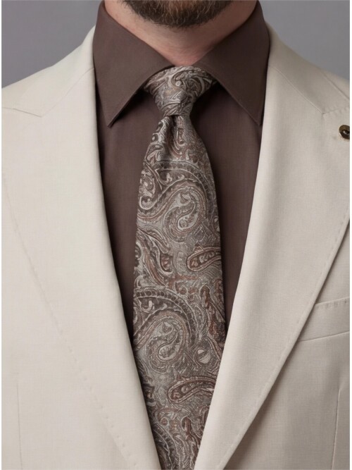 Beige Slim Fit Peak Lapel Patch Pocket Mens Suit