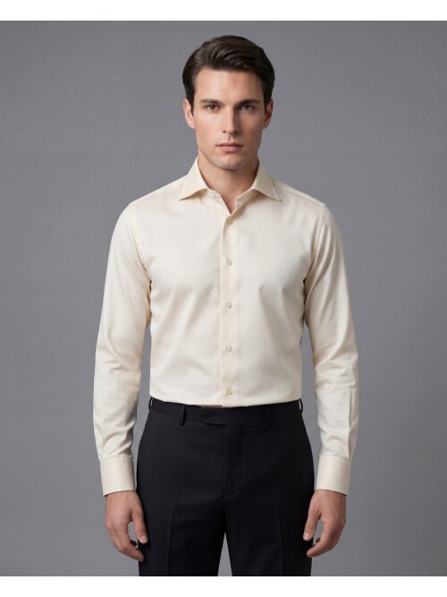 Bej Slim Fit Uzun Kollu Klasik Yaka Gömlek