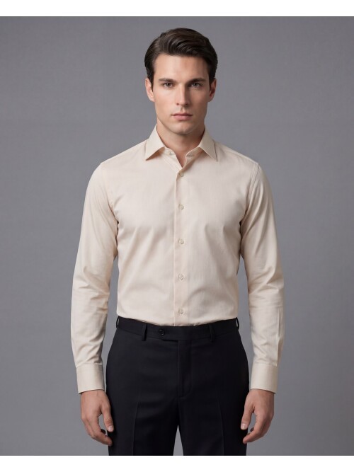 Bej Slim Fit Uzun Kollu Klasik Yaka Gömlek