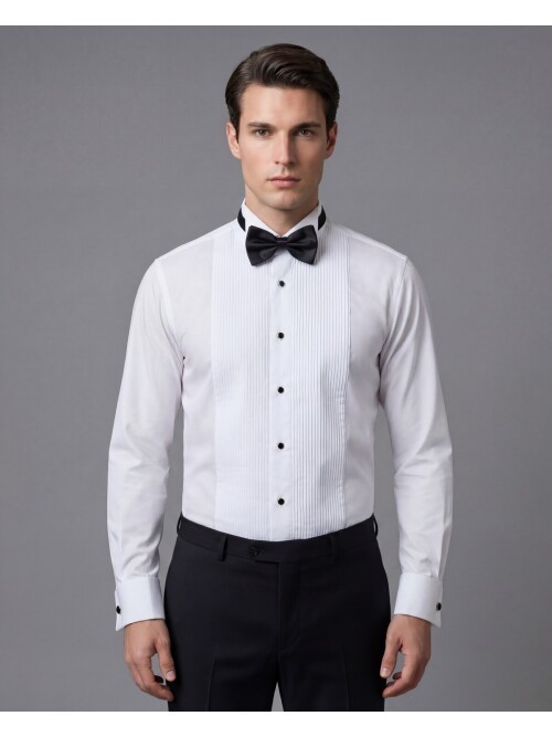 Beyaz Ata Yaka Düz Piliseli Damatlık Gömlek