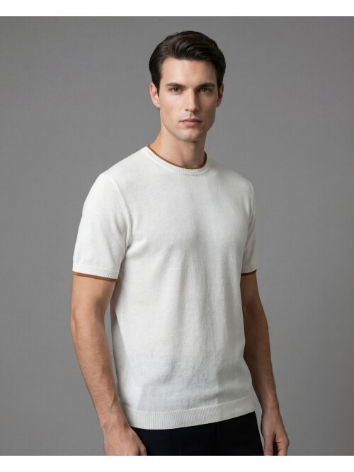 Beyaz Bisiklet Yaka Kısa Kollu Triko