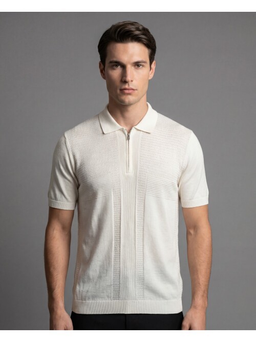 Beyaz Fermuarlı Polo Yaka Kendinden Desenli Triko Tişört