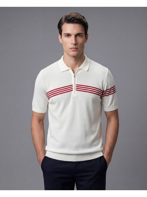 Beyaz Fermuarlı Polo Yaka Kırmızı Çizgili Triko Tişört