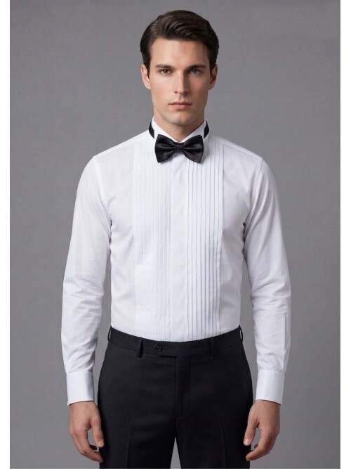 Beyaz Geniş Piliseli Ata Yaka Slim Fit Duble Manşet Damatlık Gömlek