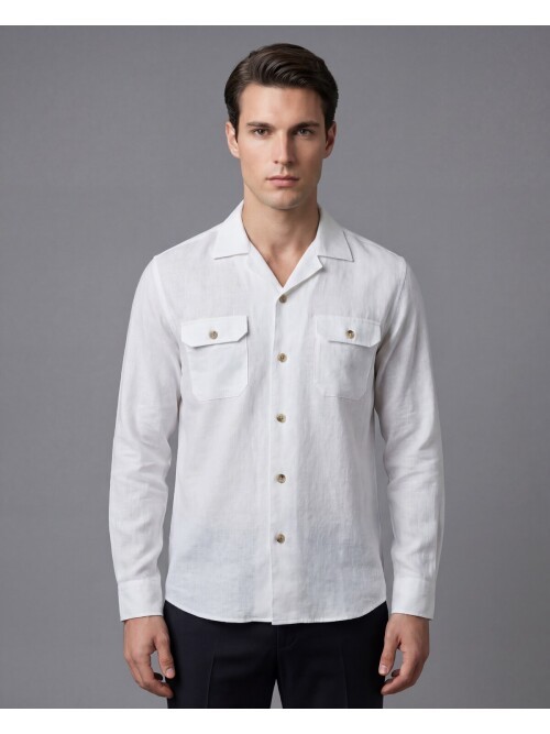 Beyaz Keten Kapaklı Cep Regular Fit Uzun Kollu Gömlek