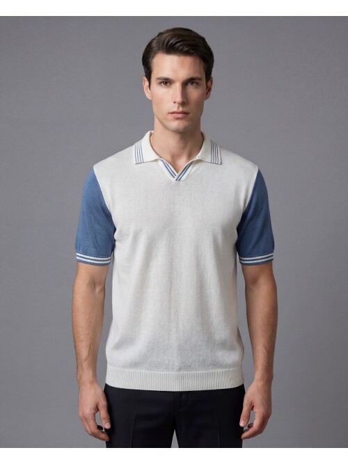 Beyaz Polo Yaka Kontrast Kollu Triko Tişört