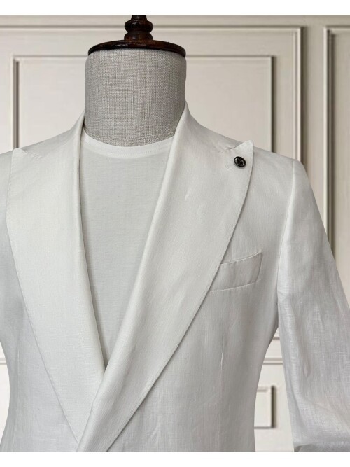 Beyaz Sivri Yaka 2 Düğme Keten Takım Elbise