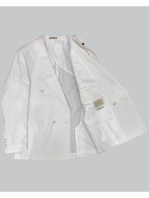 Beyaz Sivri Yaka 4 Düğme Keten Takım Elbise