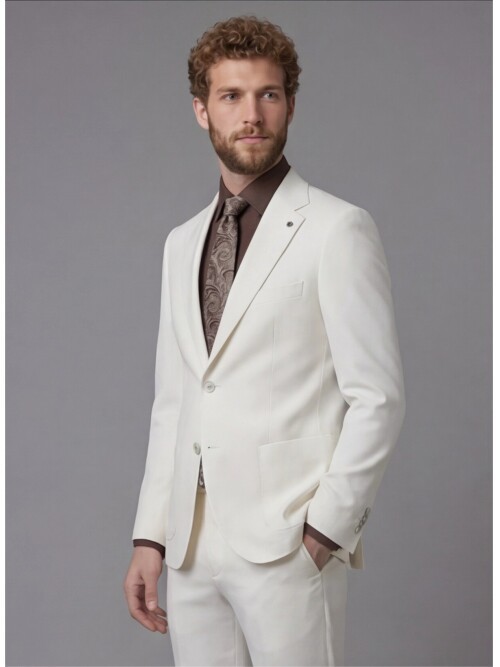 White Slim Fit Notch Lapel Suit with Patch Pockets