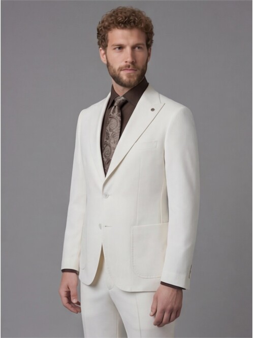 White Slim Fit Peak Lapel Patch Pocket Mens Suit