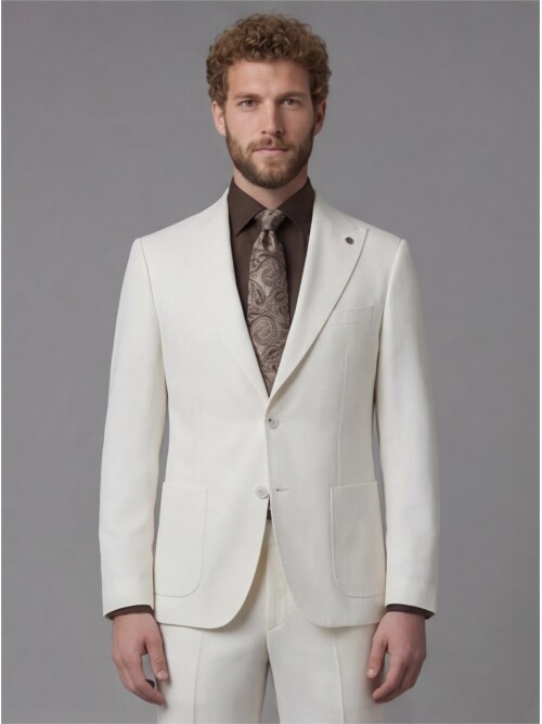 White Slim Fit Peak Lapel Patch Pocket Mens Suit