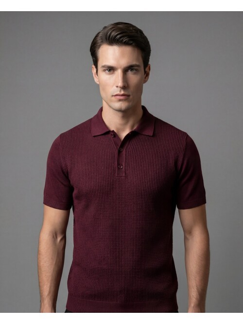 Burgundy Patterned Polo Neck 3-Button Short Sleeve Knit