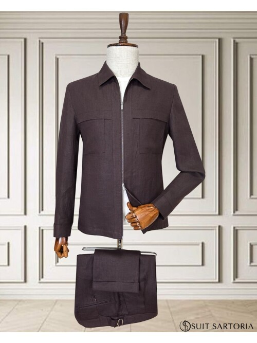 Bordo Keten Safari Takım Elbise