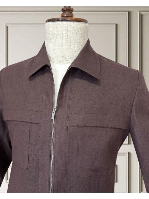 Bordo Keten Safari Takım Elbise