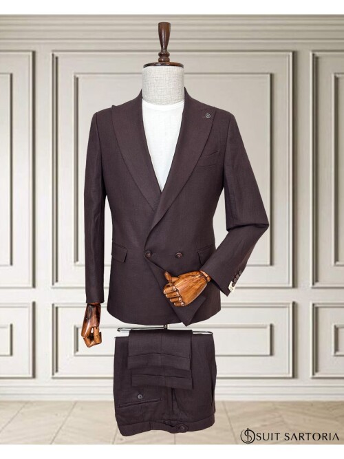 Bordo Sivri Yaka 2 Düğme Keten Takım Elbise