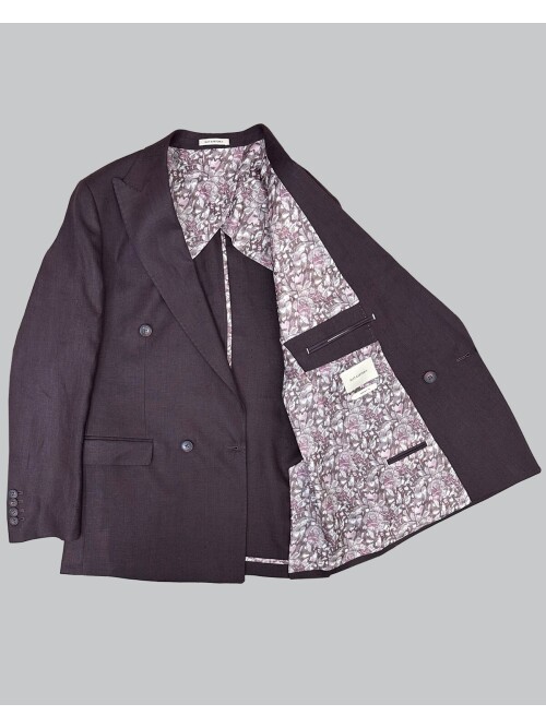 Bordo Sivri Yaka 4 Düğme Keten Takım Elbise