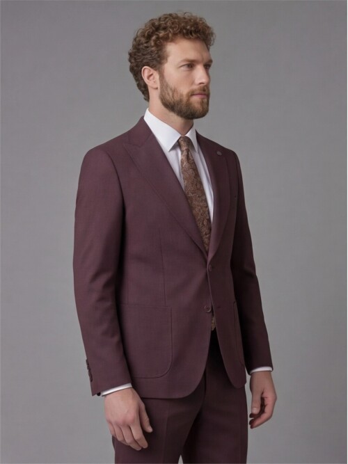 Burgundy Slim Fit Peak Lapel Patch Pocket Mens Suit