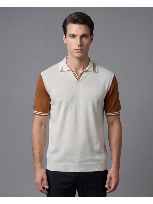 Ekru Polo Yaka Taba Kontrast Kollu Triko Tişört