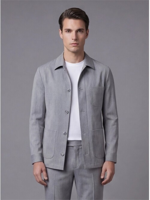 Gri Gömlek Yaka Düğmeli Torba Cepli Takım