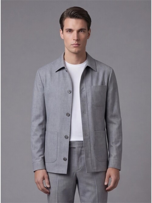 Gri Gömlek Yaka Düğmeli Torba Cepli Takım