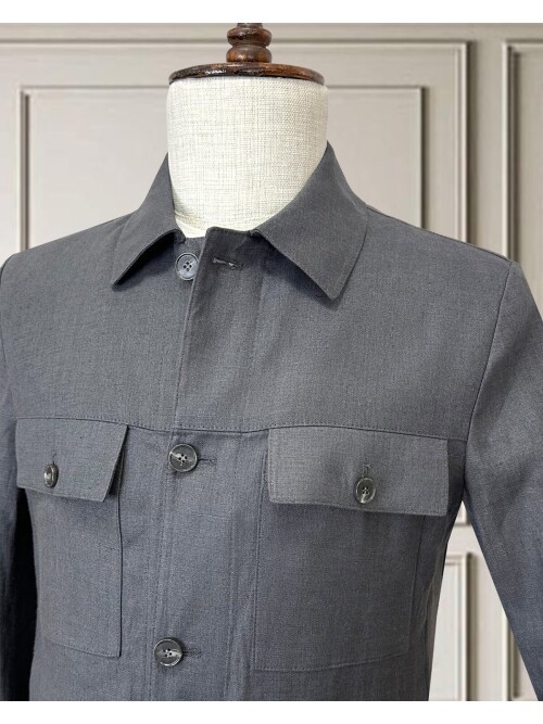  Koyu Gri Keten Safari Takım Elbise