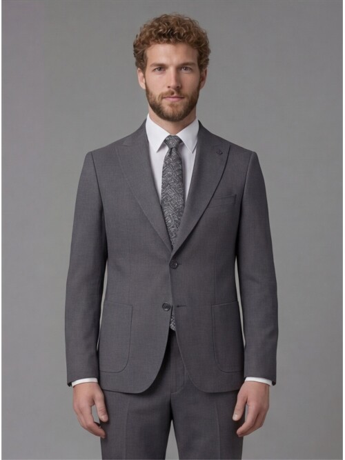 Grey Slim Fit Peak Lapel Patch Pocket Mens Suit