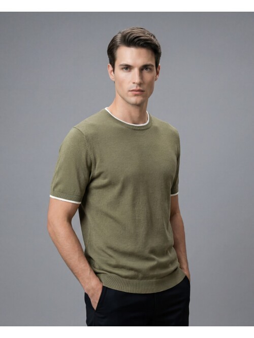 Haki Bisiklet Yaka Kısa Kollu Triko