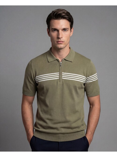 Haki Fermuarlı Polo Yaka Beyaz Çizgili Triko Tişört