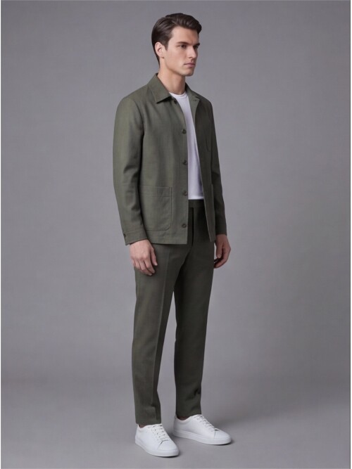 Haki Gömlek Yaka Düğmeli Torba Cepli Takım